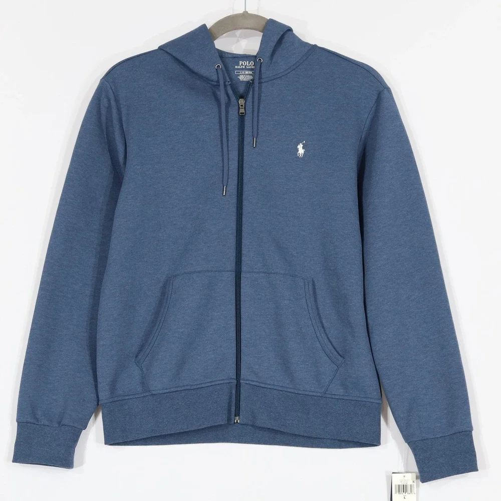 Polo Ralph Lauren Double Knitt Hoodie Mens L Blue Full-Zip Heathered $150 NWT